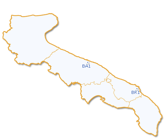 Mappa della Puglia con evidenziate la città di Bari e di Brindisi
